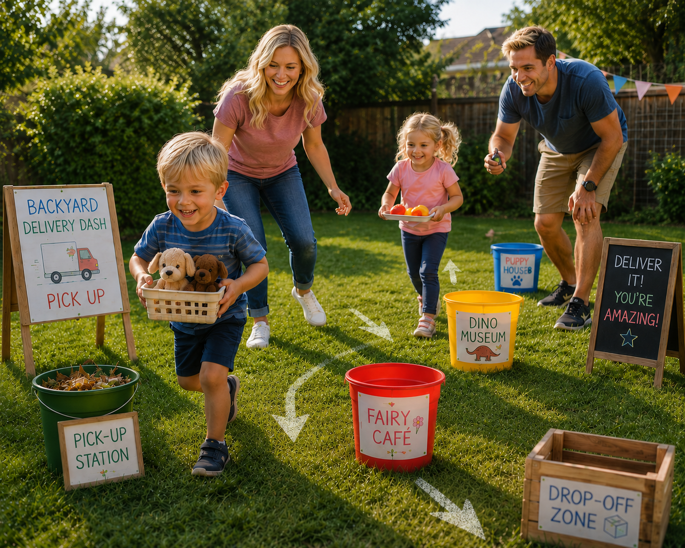 Family playing Backyard Delivery Dash outside together