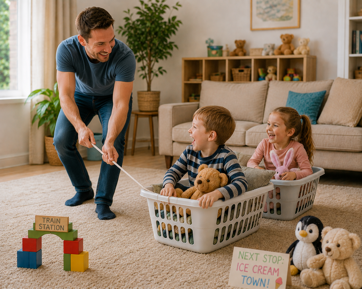 Dad pulling kids in a laundry basket train across the living room