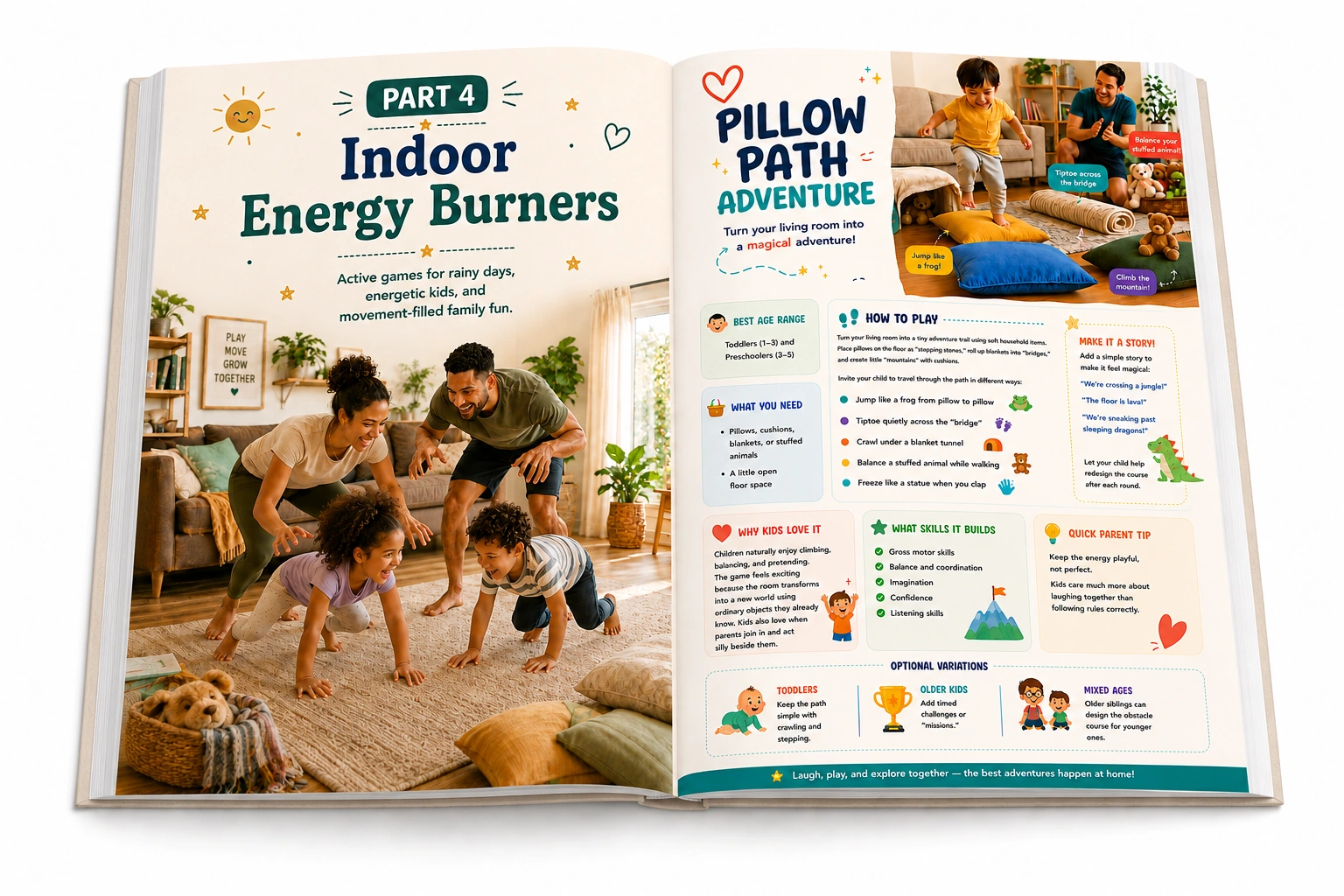 Open ebook spread showing the Indoor Energy Burners chapter and Pillow Path Adventure game