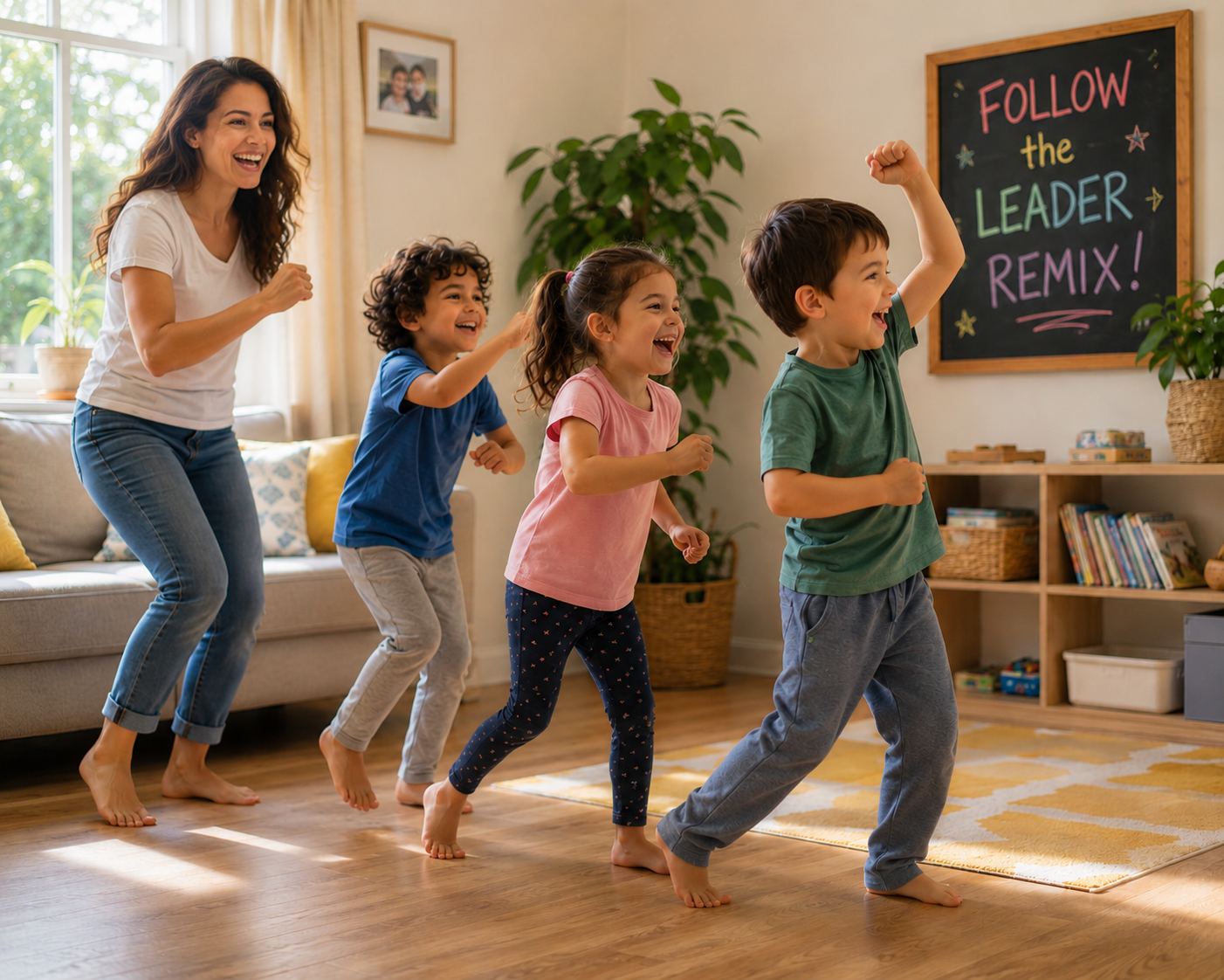 Family enjoying follow the leader activity