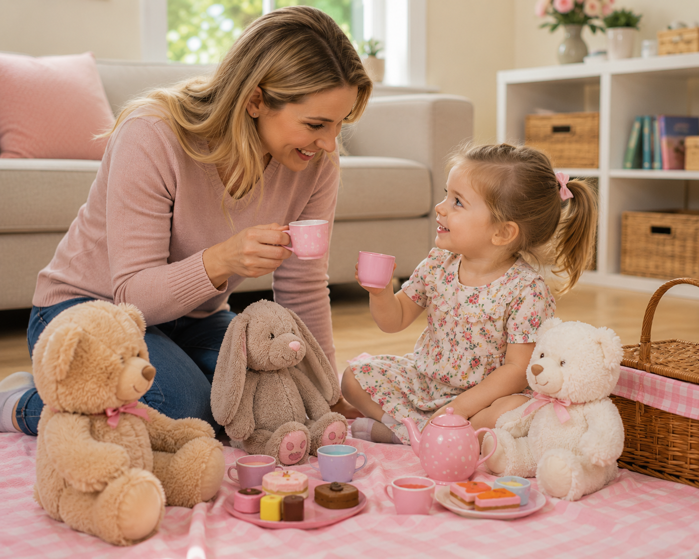 Parent and child enjoying Teddy Bear Picnic indoors