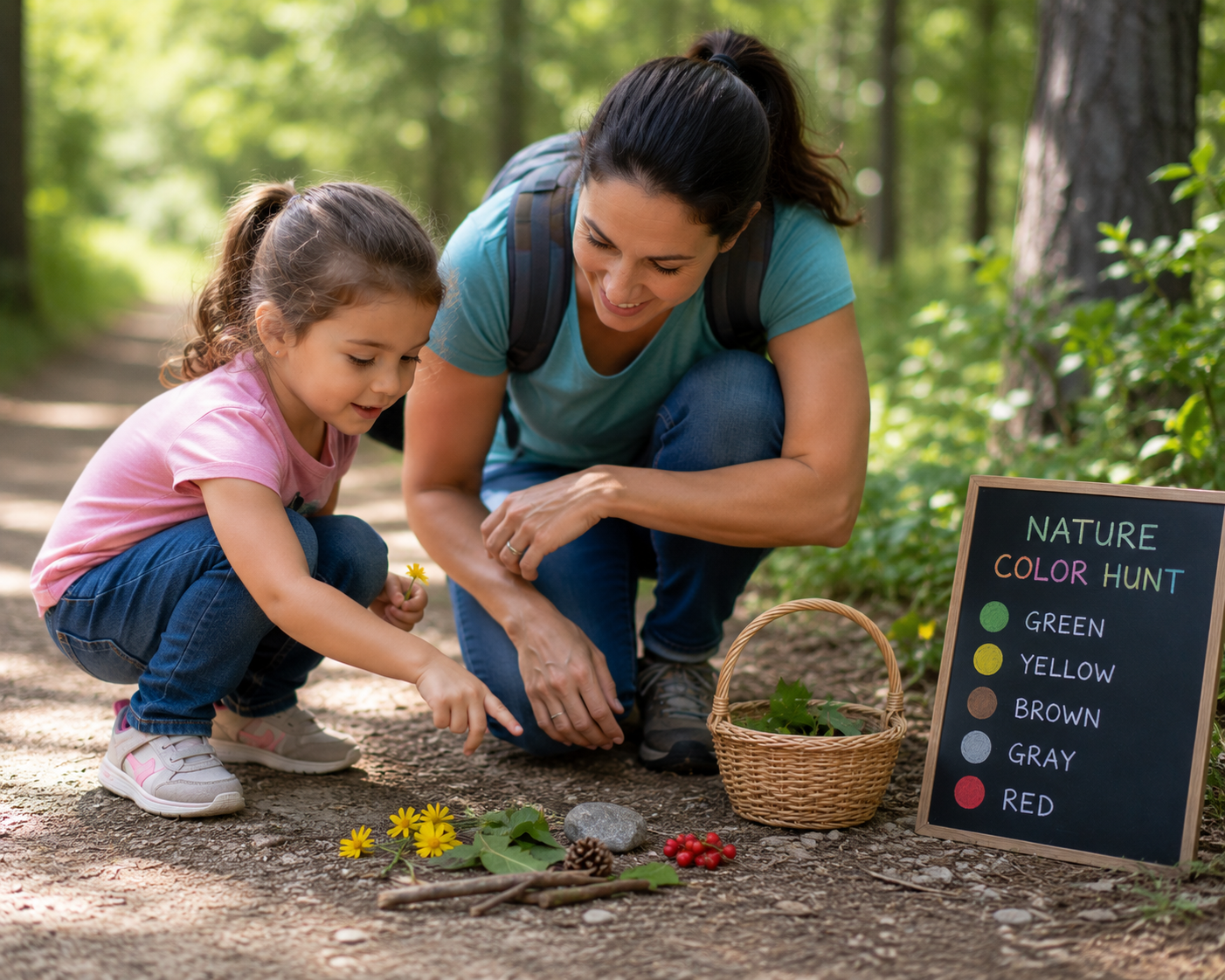 Mom and daughter on a nature color hunt in the forest