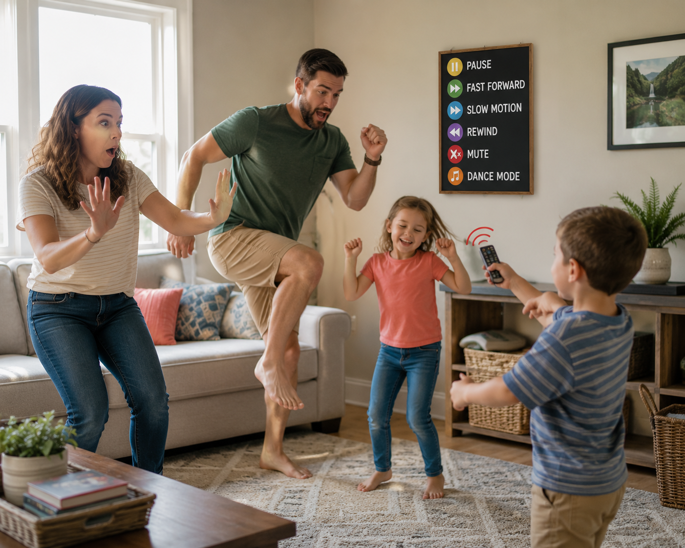 Family playing the pretend remote control game in the living room
